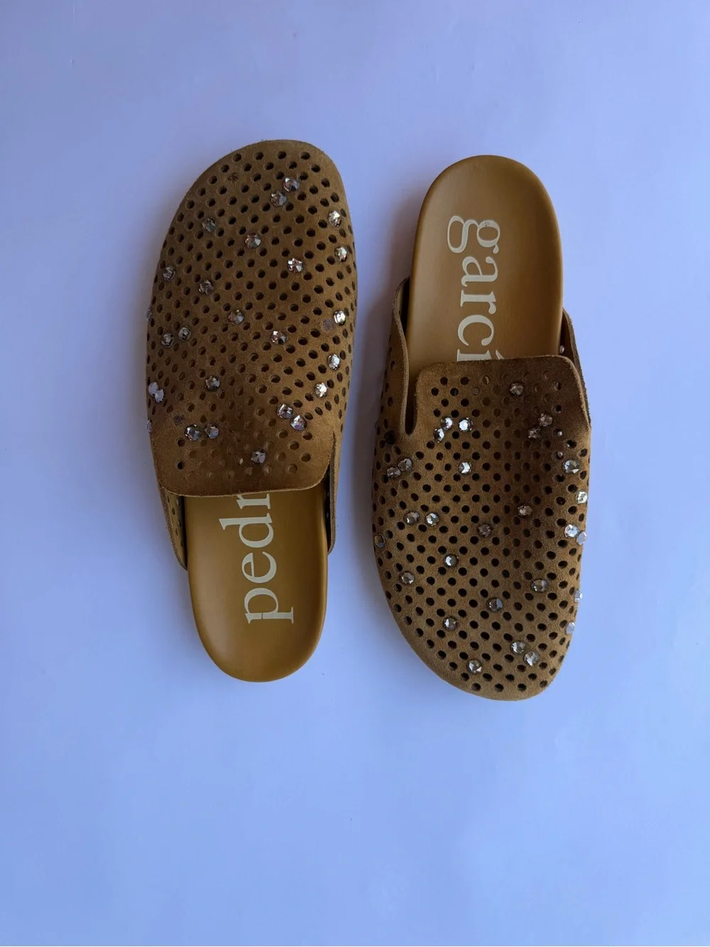 Pedro Garcia Tan Suede Crystal-Studded Slip-On Mules - Picture 1 of 4
